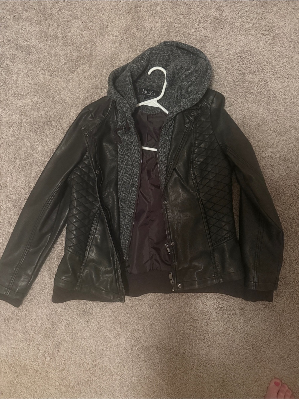 Men's Black Quilted Faux Leather Jacket with Grey Hoodie